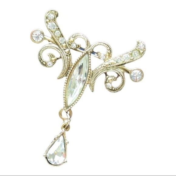 1928 Jewelry - 1928 Antiqued Gold Tone Clear Teardrop Pin